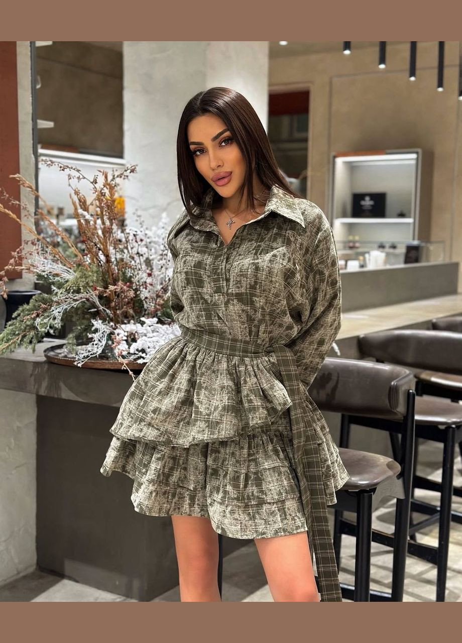 Оливкова (хакі) святковий, кежуал, коктейльна, вечірня жіноча сукня з баскою FINO Mode в клітинку