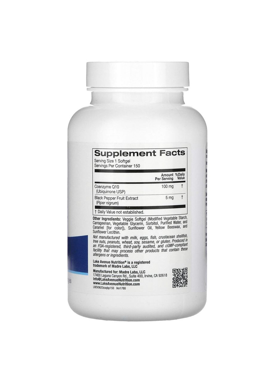Коэнзим Q10 100 мг 150 капсул с BioPerine экстракт черного перца Lake Avenue Nutrition (277695210)