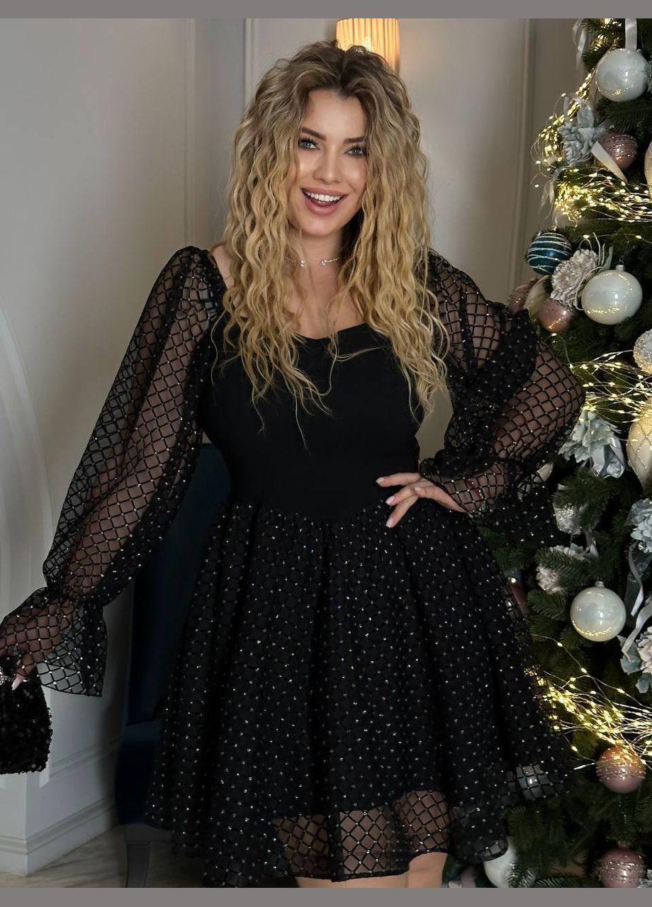 Чорна коктейльна, святковий, карнавальний, вечірня міні сукня з блискучою сіткою бебі долл, з пишною спідницею Україна однотонна
