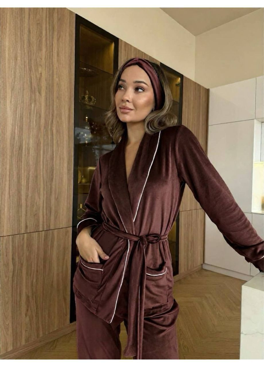 Коричнева всесезон піжама жіноча велюрова кофта + брюки Style Point