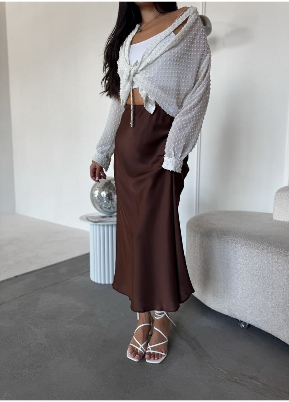 Коричневая праздничный, коктейльный, повседневная, вечерний, офисная, кэжуал однотонная женская шелковая юбка No Brand клешированная