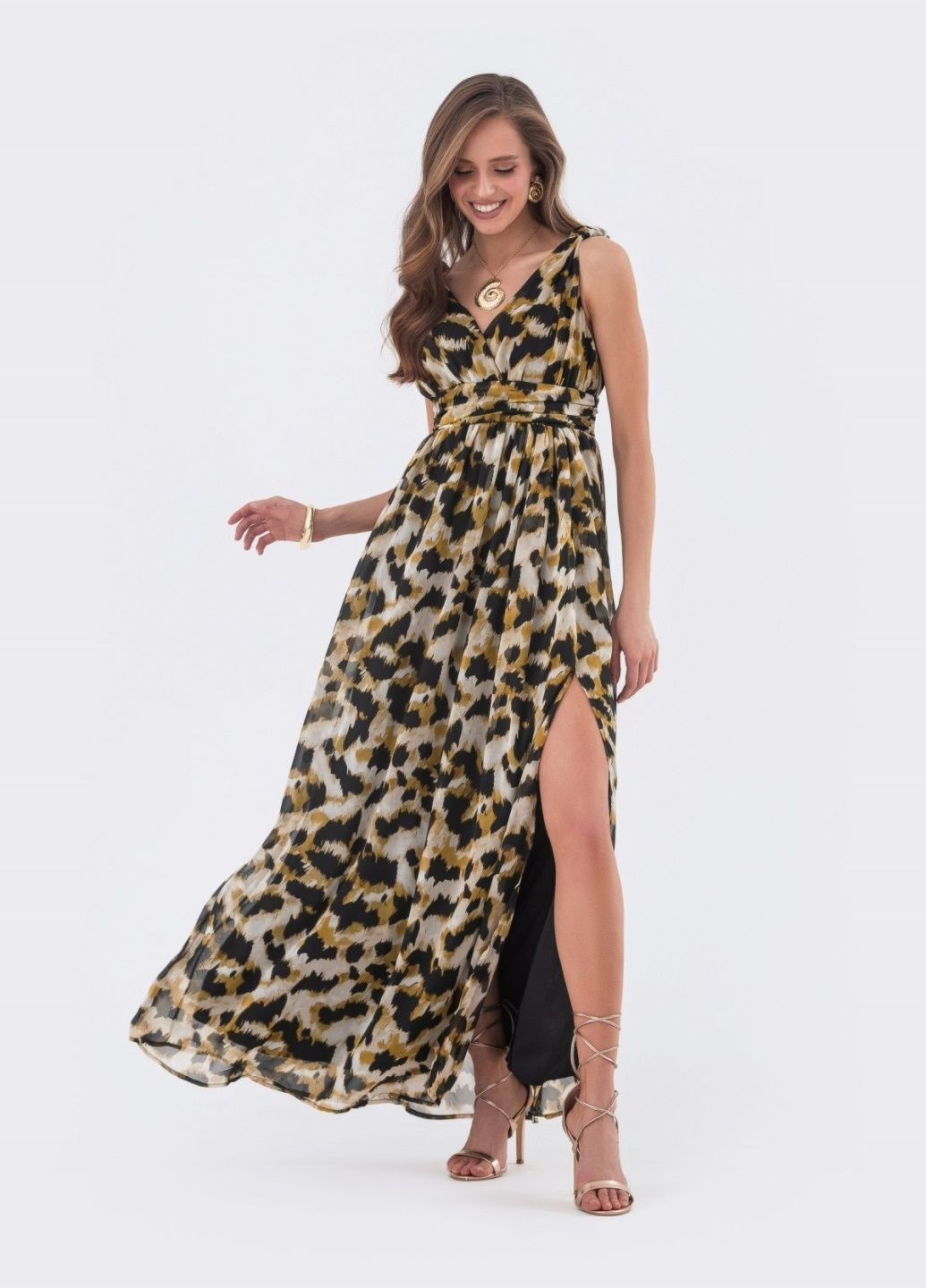 Молочное длинное платье в анималистный принт молочное Dressa