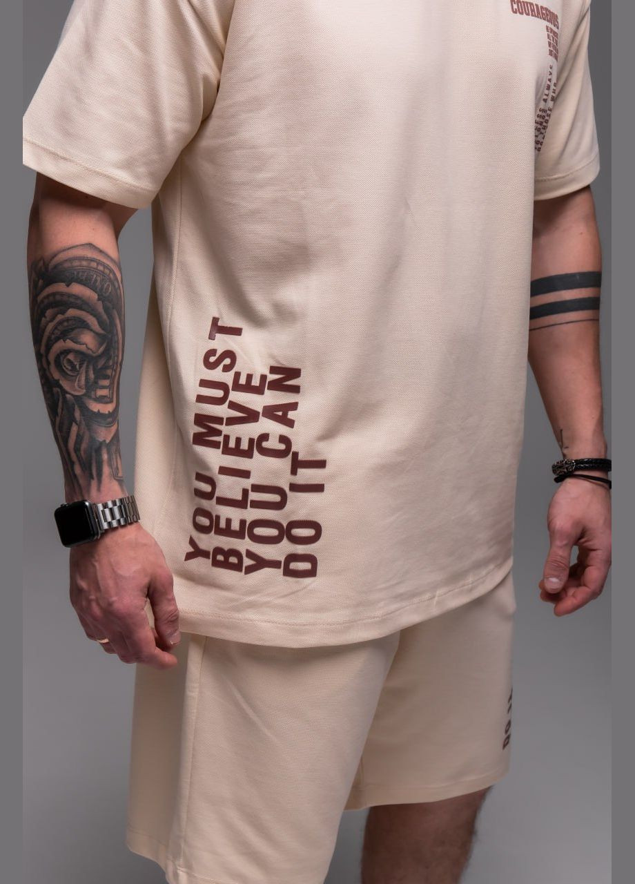 Бежевый демисезонный мужской oversize костюм oversize прочная дышащая ткань хлопок 100% ( лакоста ) No Brand