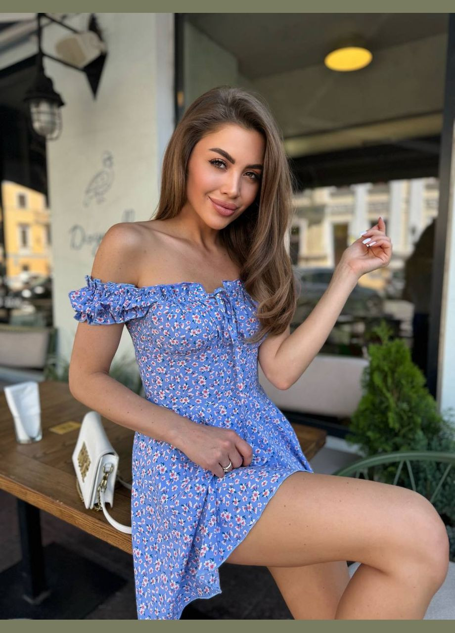 Синее повседневный, кэжуал, вечернее женское платье клеш No Brand с цветочным принтом