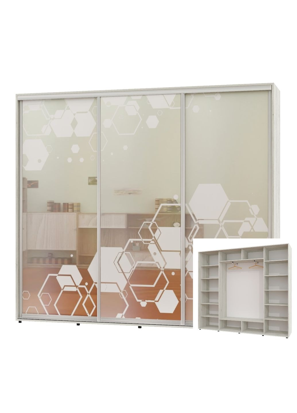 Шкаф-купе трехдверный 240*45*240 Дуб крафт белый Зеркало с пескоструйным рисунком ШК-05 Алекса (360460979)