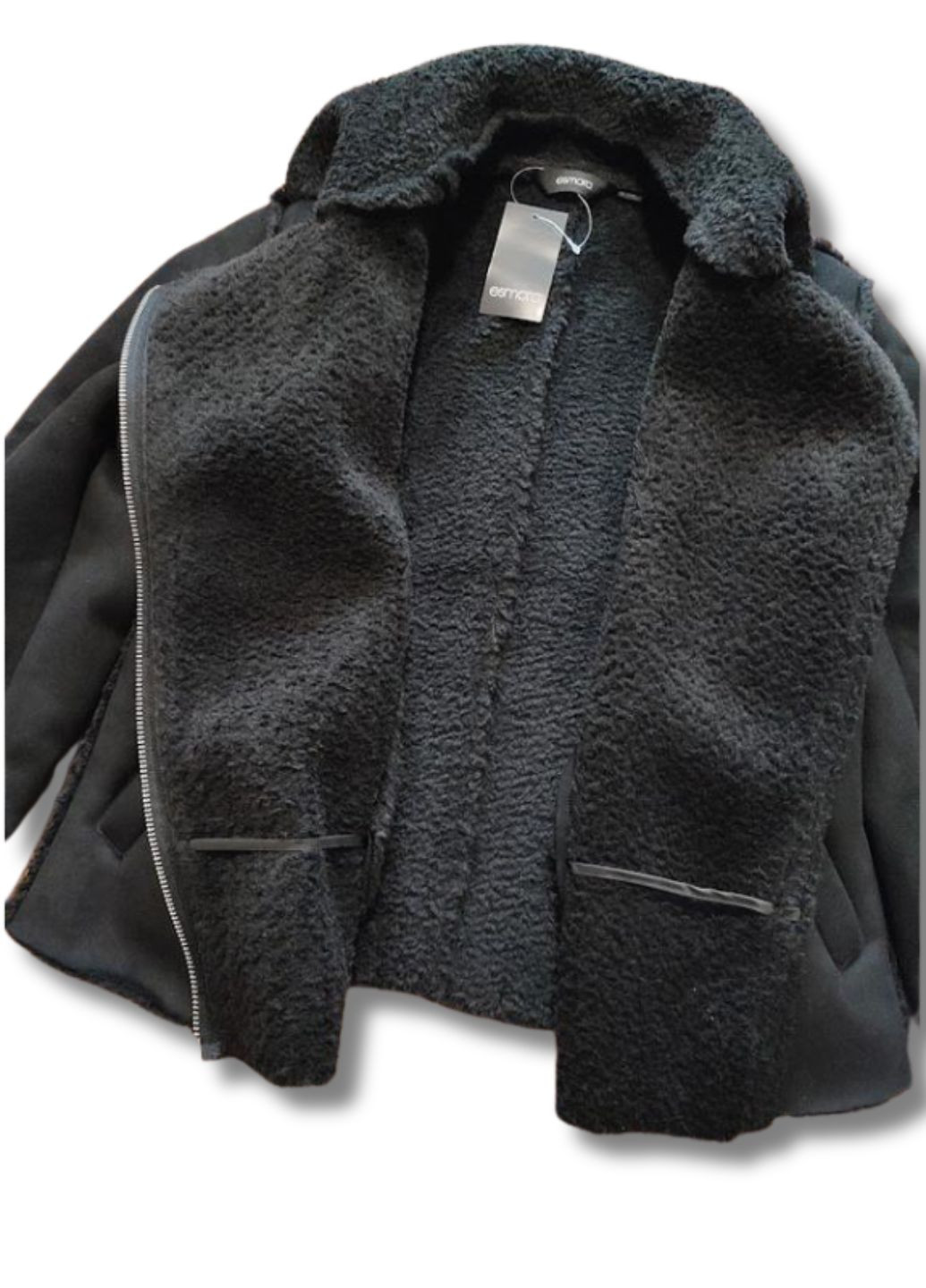 Черная демисезонная облегченная женская куртка-дубленка из экозамши с искусственным мехом косуха, байкерская Esmara