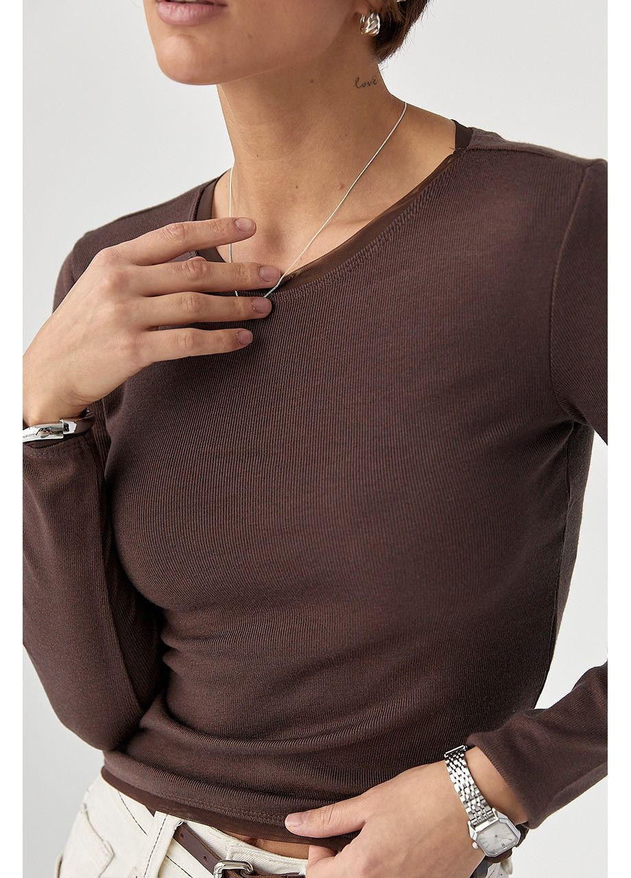 Однотонний лонгслів з сітчастою окантовкою Lurex (369776103)