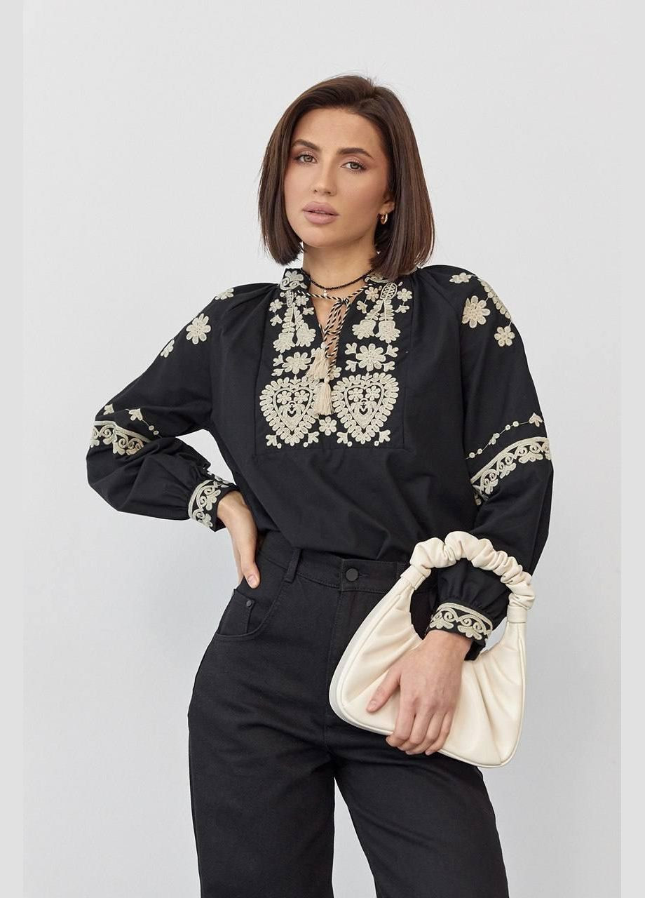 Женская черная вышиванка, хлопковая блузка с вышивкой рукав фонарик S M L(42 44 46) No Brand (290282210)