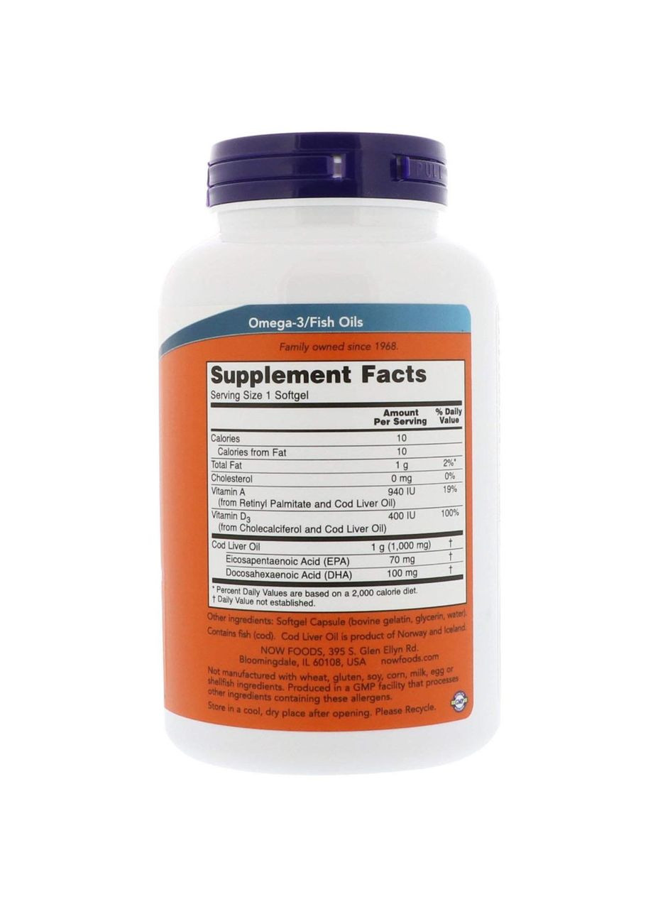 Риб'ячий жир з печінки тріски Cod Liver Oil 1000 мг 180 гелевих капсул Now Foods (357343055)