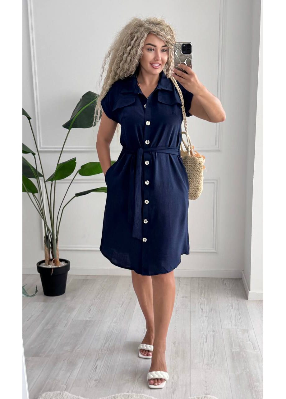 Синя сукня американський креп жатка на ґудзиках з кишенями та поясом Україна