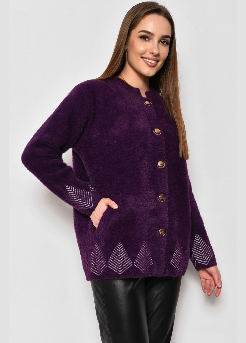 Темно-фиолетовый демисезонный кардиган женский альпака темно-фиолетового цвета пуловер Let's Shop