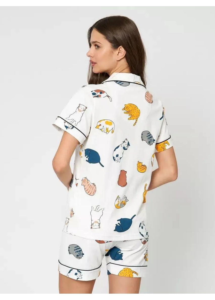 Біла всесезон зручний жіночий, жіноча трендова піжама з котиками сорочка + шорти No Brand піжамний комплект "Котики" 3в1