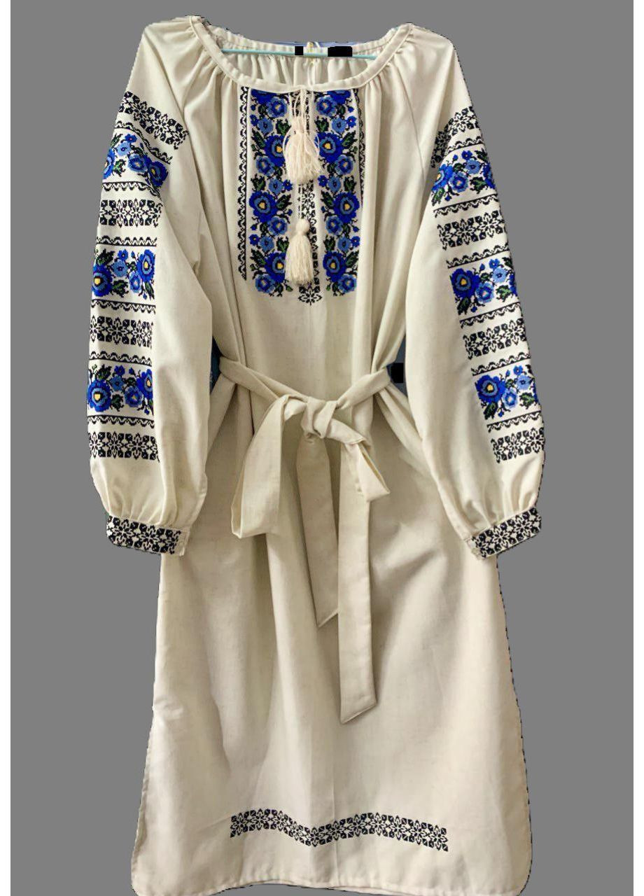 Молочна сукня-вишиванка сірий льон сині квіти No Brand з квітковим принтом