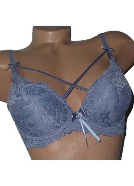 Серый бюстгальтер с формованной чашкой в бюстик на поролоне с кружевом портупеей Biweier с косточками