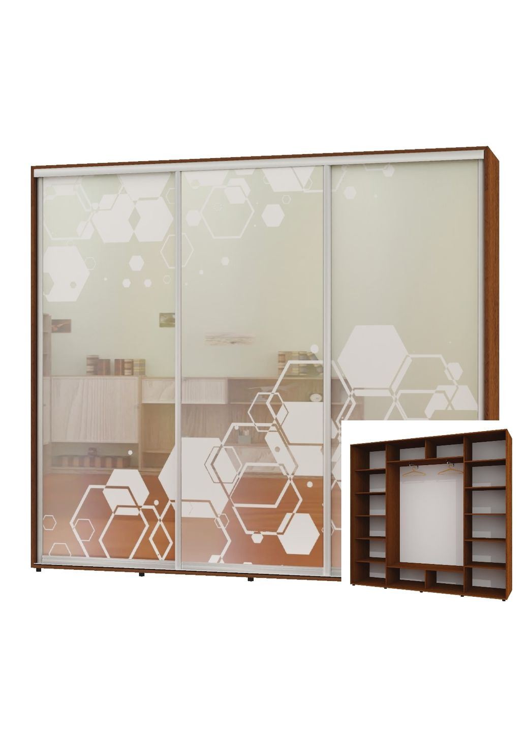 Шкаф-купе трехдверный 240*45*250 Орех лесной Зеркало с пескоструйным рисунком ШК-05 Алекса (360471938)