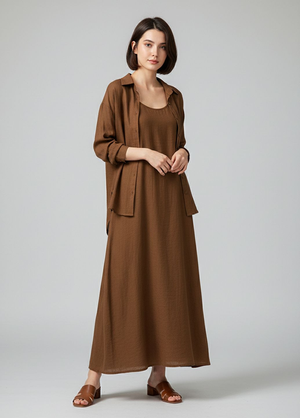 Коричнева кежуал жіночий літній костюм-двійка (сукня+сорочка) number nine коричневий а-силует PRL Jeans CO