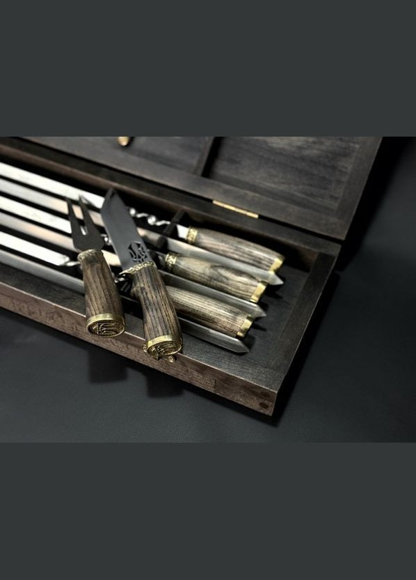 Набор шампуров Люкс Герб украины с ножом и вилкой в деревянном кейсе 8 предметов 47330157 NB Art (346532121)