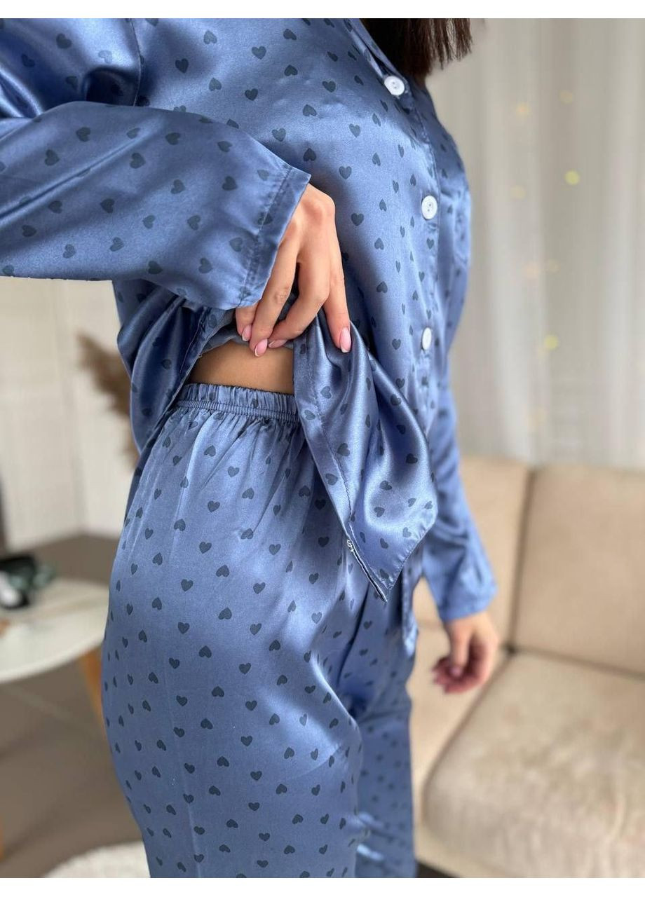 Синя всесезон піжама атласна my love стильний жіночий піжамний домашній комплект сорочка з брюками синя в сердечка сорочка + брюки No Brand Піжама атласна з штанами My Love синя