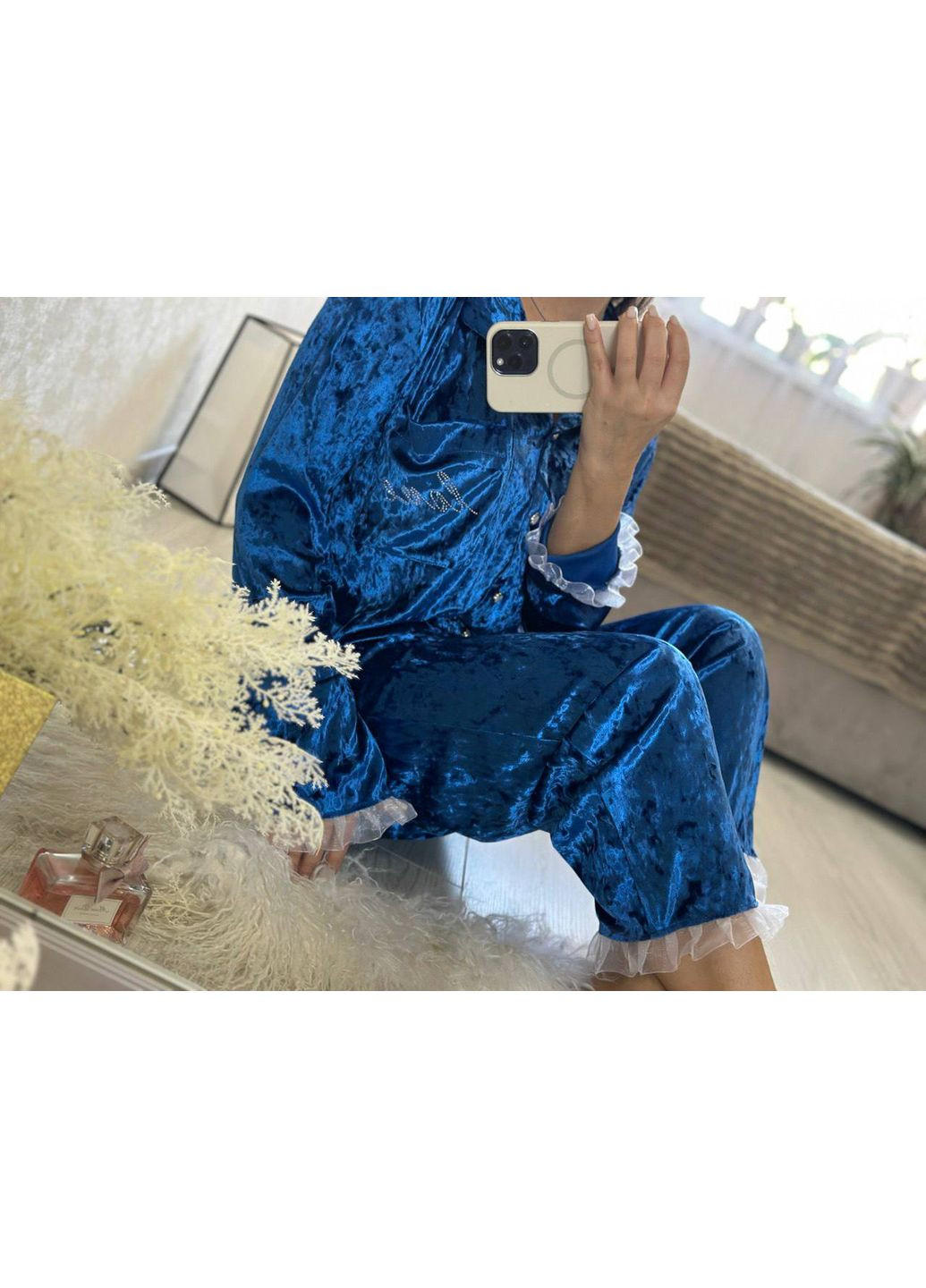 Синя всесезон піжама з мармурового велюру — заміри в описі сорочка + брюки DK/DL Мода без кордонів