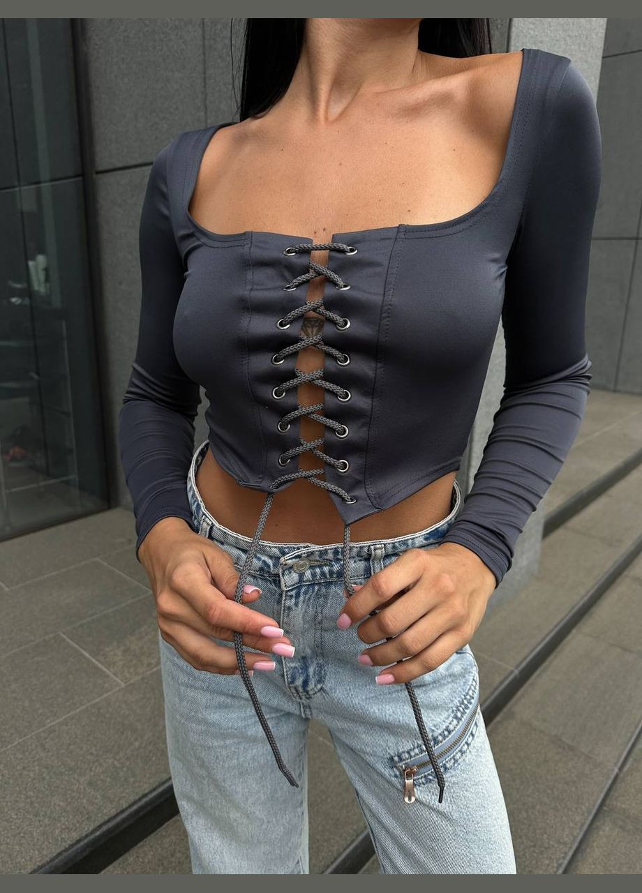 Красивий графітовий топ з довгим рукавом та шнурівкою на грудях, стильний укорочений топік з м'якої та приємної до тіла тканини. No Brand 083-4 (302817294)