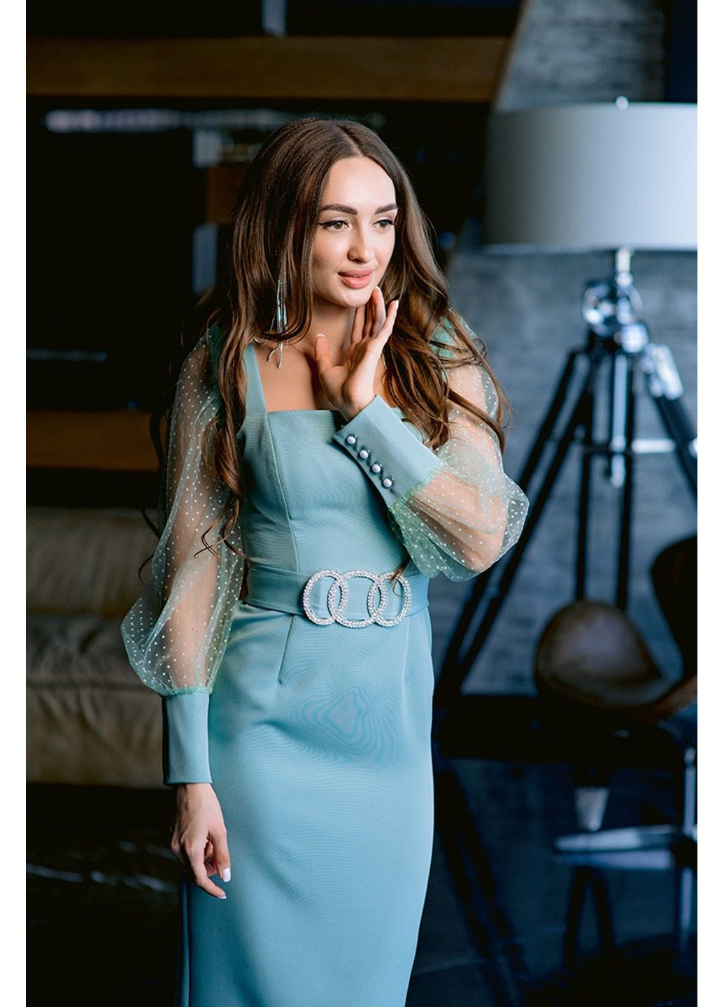 Бірюзова коктейльна сукня об'ємний рукав 23011 шавлія Tanita-Romario