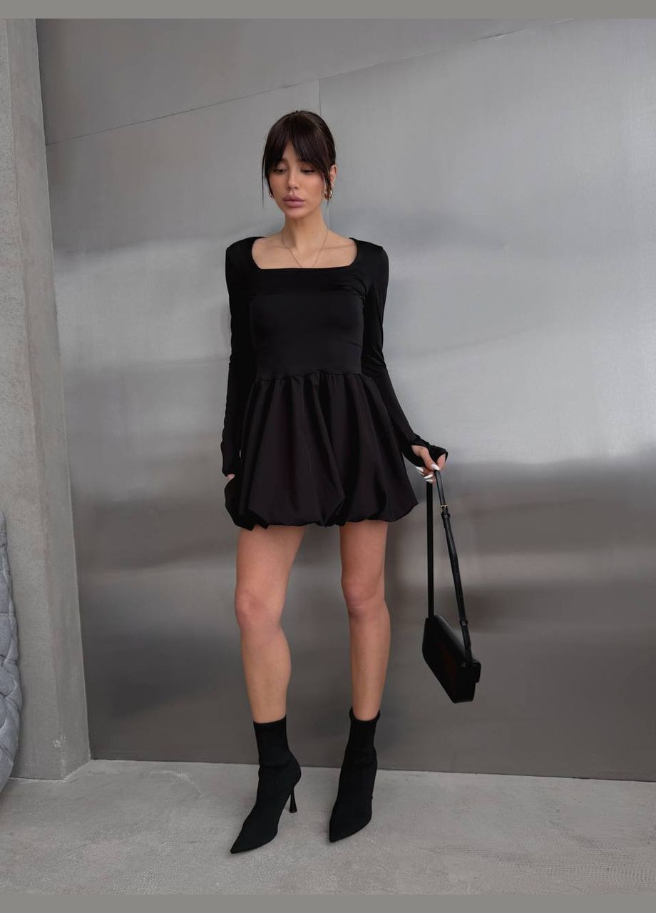 Чорна повсякденний, вечірня жіноча міні сукня з обʼємною спідницею дзвін No Brand однотонна