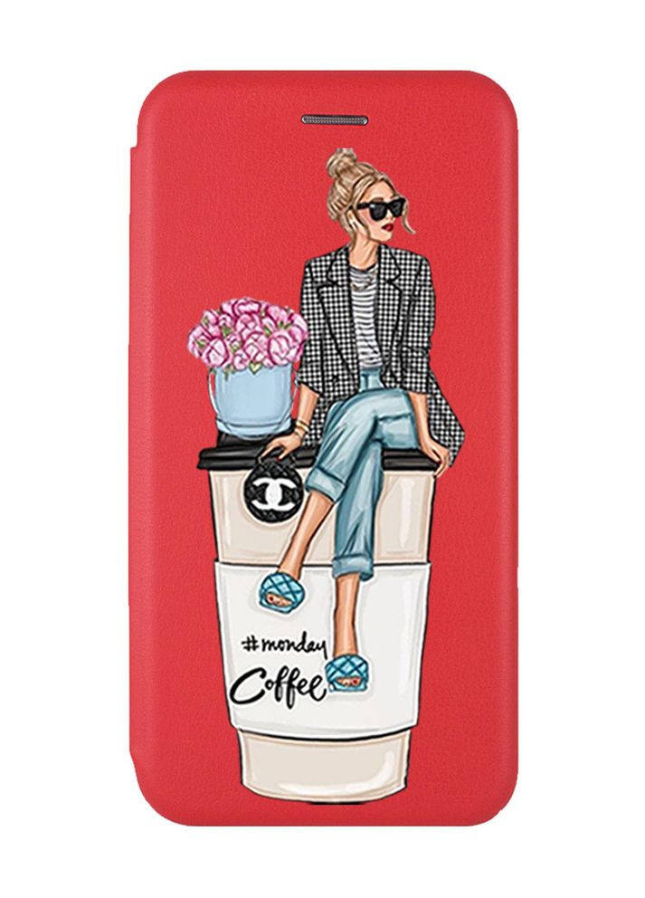 Чохол-книжка червоний з малюнком на Xiaomi Redmi Note 14 4G Дівчина на каві (принт 228) Creative (364688149)