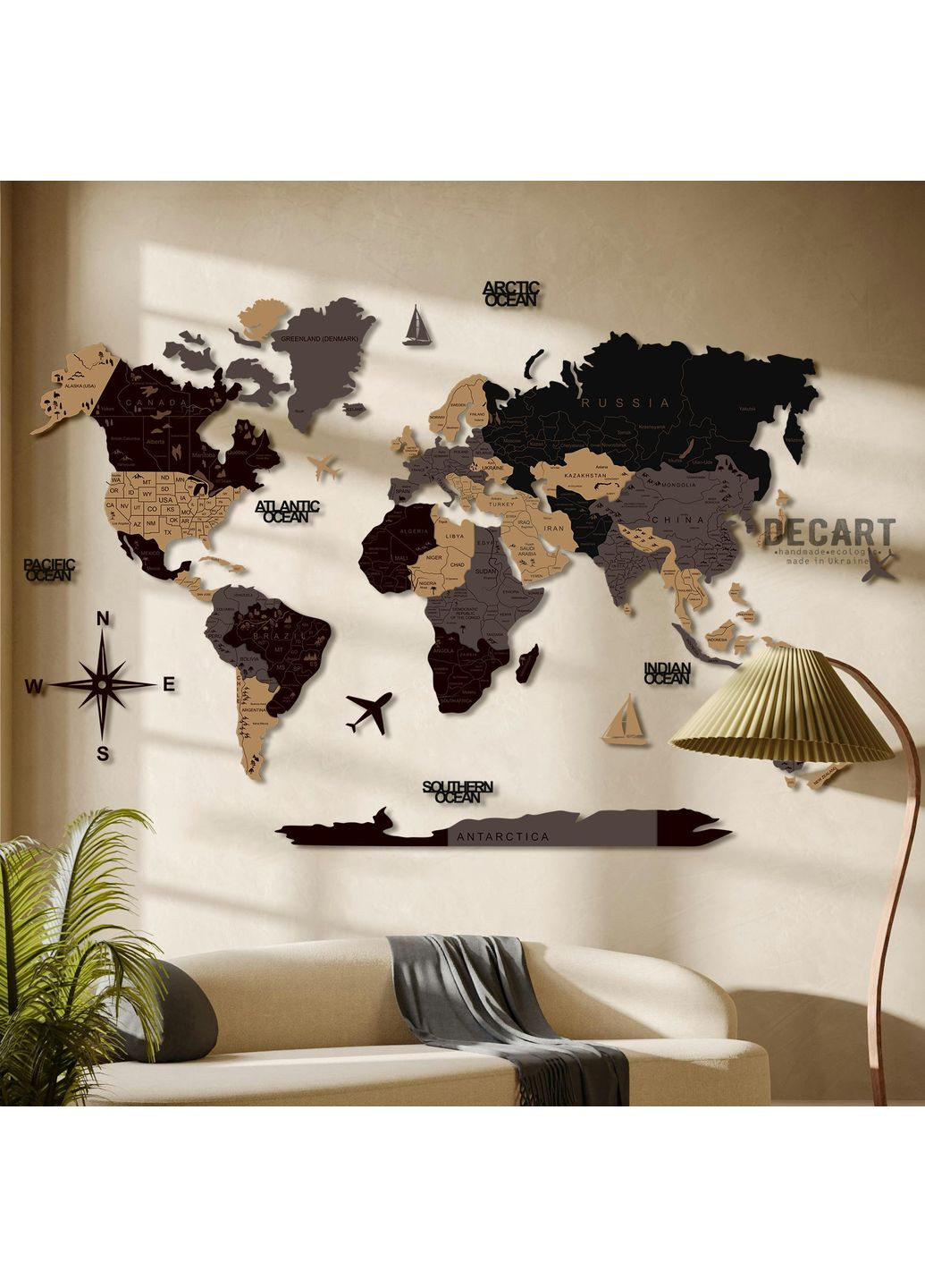 Дерев'яне панно на подарунок "Карта Світу з гравіюванням Гікорі" 250х120 см Decart (360609758)