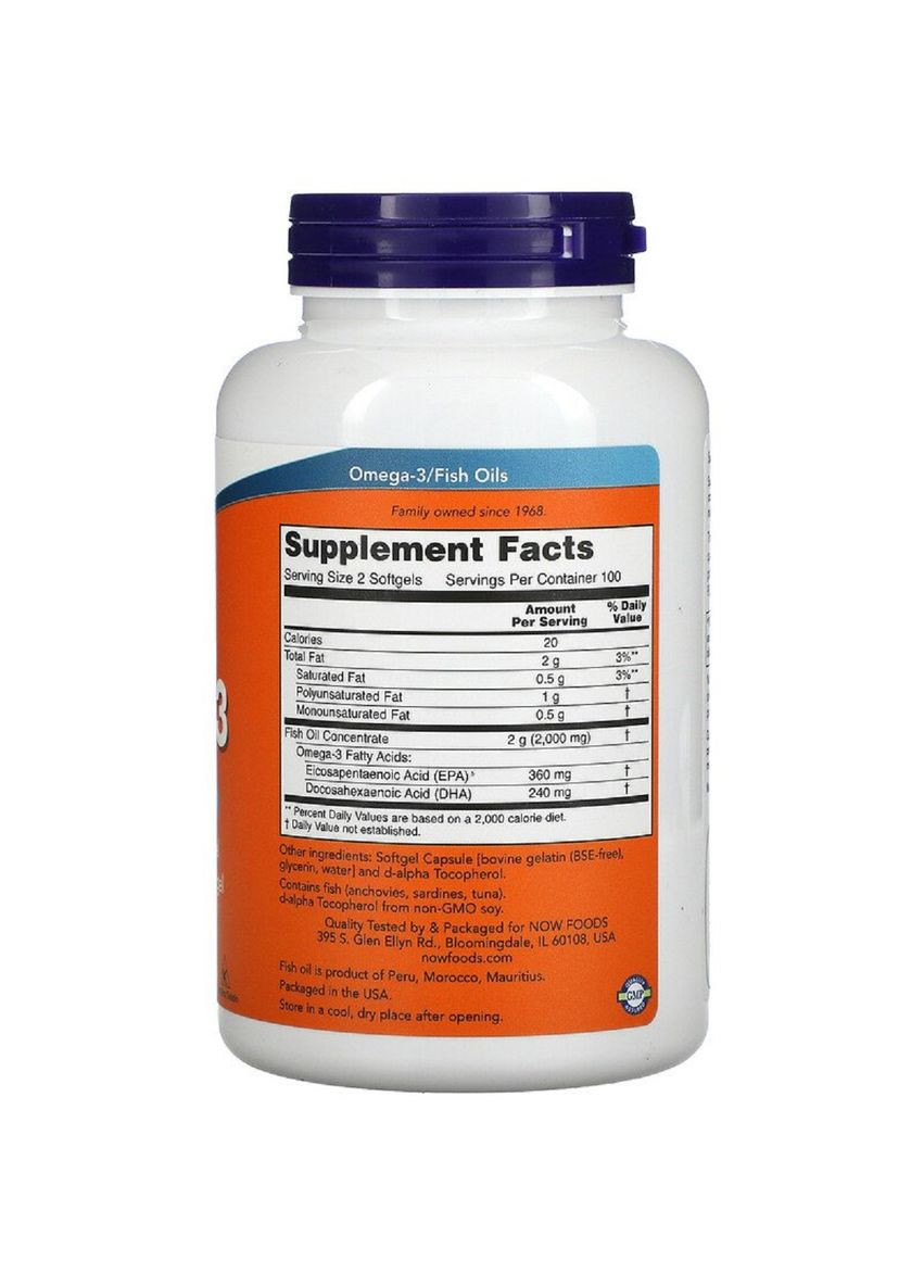 Омега-3 1000мг,, 200 желатиновых капсул Now Foods (326054904)