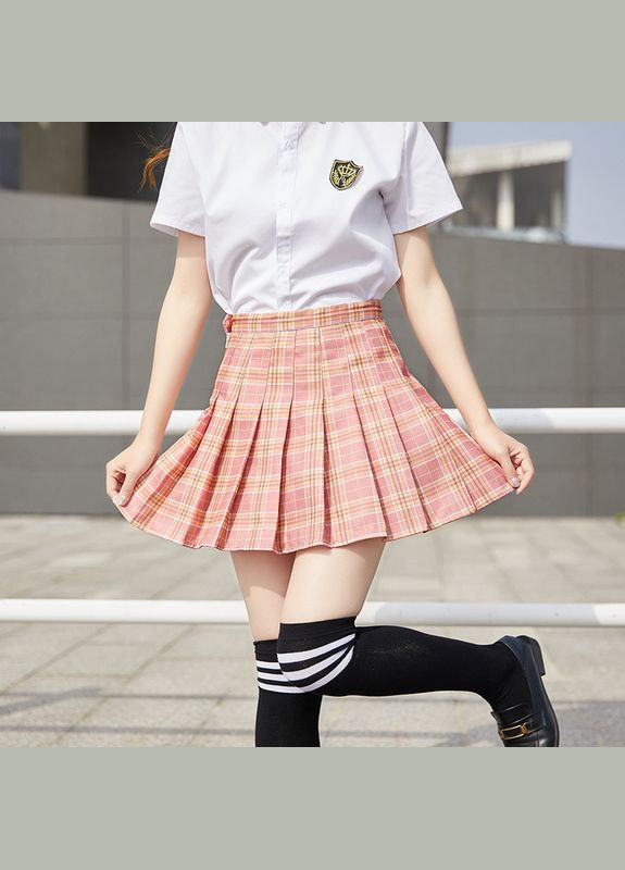 Спідниця у клітинку плісирована висока посадка з шортами пудрова 6620 104-128 (XS) No Brand (351476351)