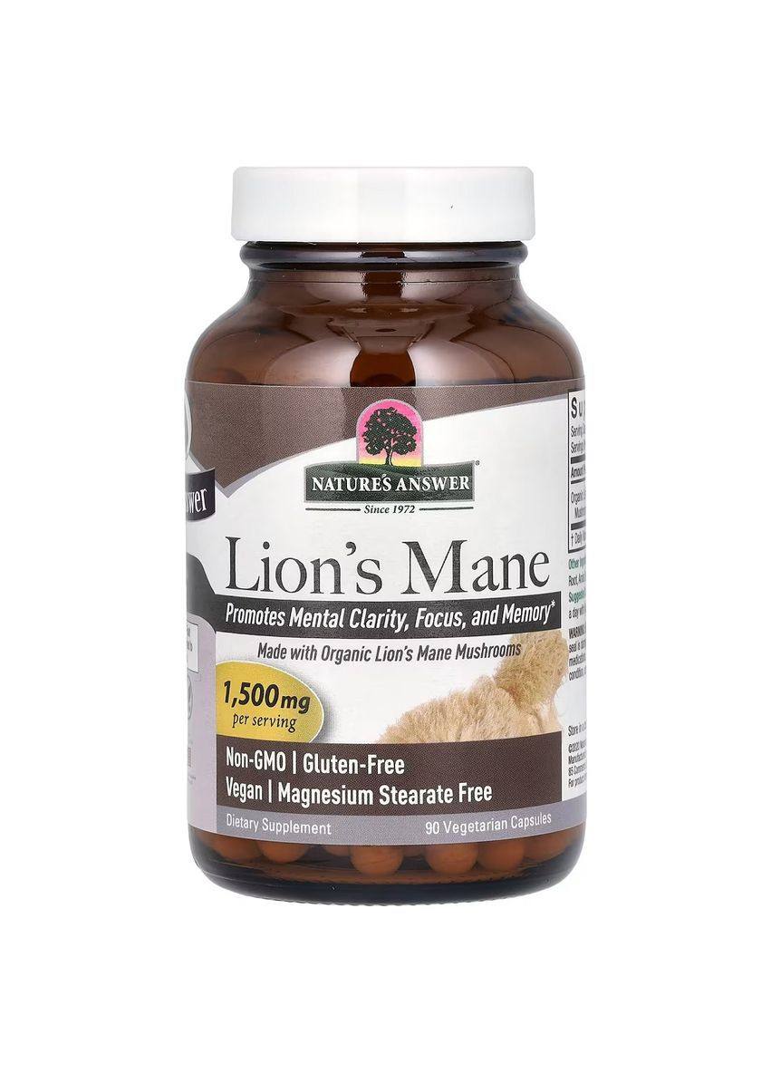 Їжовик гребінчастий, 1500 мг, Lion's Mane,, 90 вегетаріанських капсул Nature's Answer (322741501)