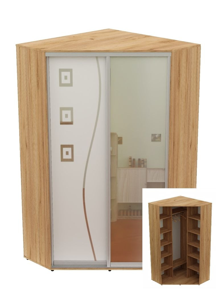 Шафа-купе дводверна кутова 110*110*250 Дуб крафт золотий Дзеркало/Дзеркало з піскострумним малюнком Угол-1 Алекса (360451831)