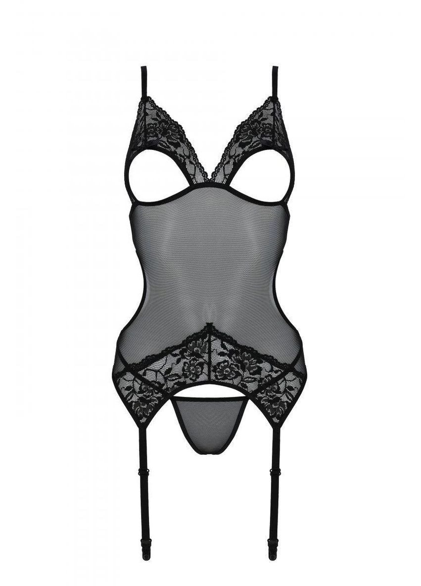 Корсет Christa Corset black L/XL: з підв’язками і ажурним ліфом, стрінги в комплекті Passion (303891593)