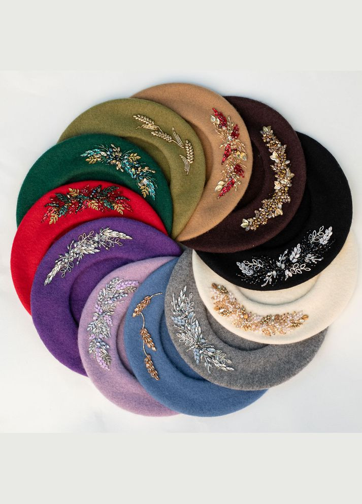 Берет зі 100% вовни, вишивка ручної роботи, берет осінь-зима коричневого кольору Ksenija Vitali (306559657)