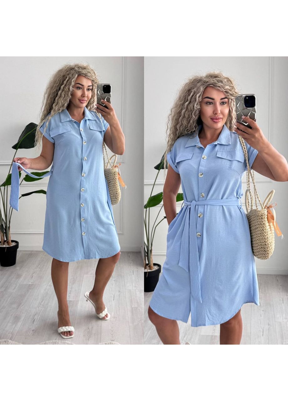 Голубое платье американский креп жатка на пуговицах с карманами и поясом Україна