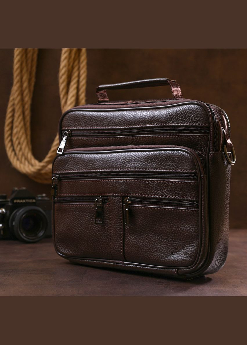 Чоловіча шкіряна сумка через плече місткий месенджер з натуральної шкіри з ручкою коричнева 27*22*7 см Vintage (329150078)