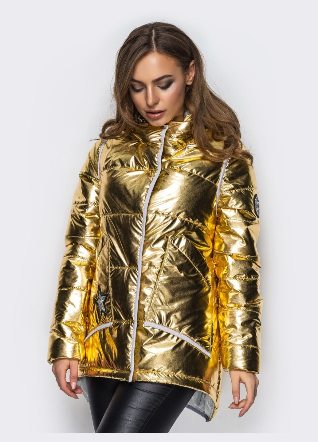 Желтая демисезонная куртка золотистого цвета с удлиненной спинкой Dressa