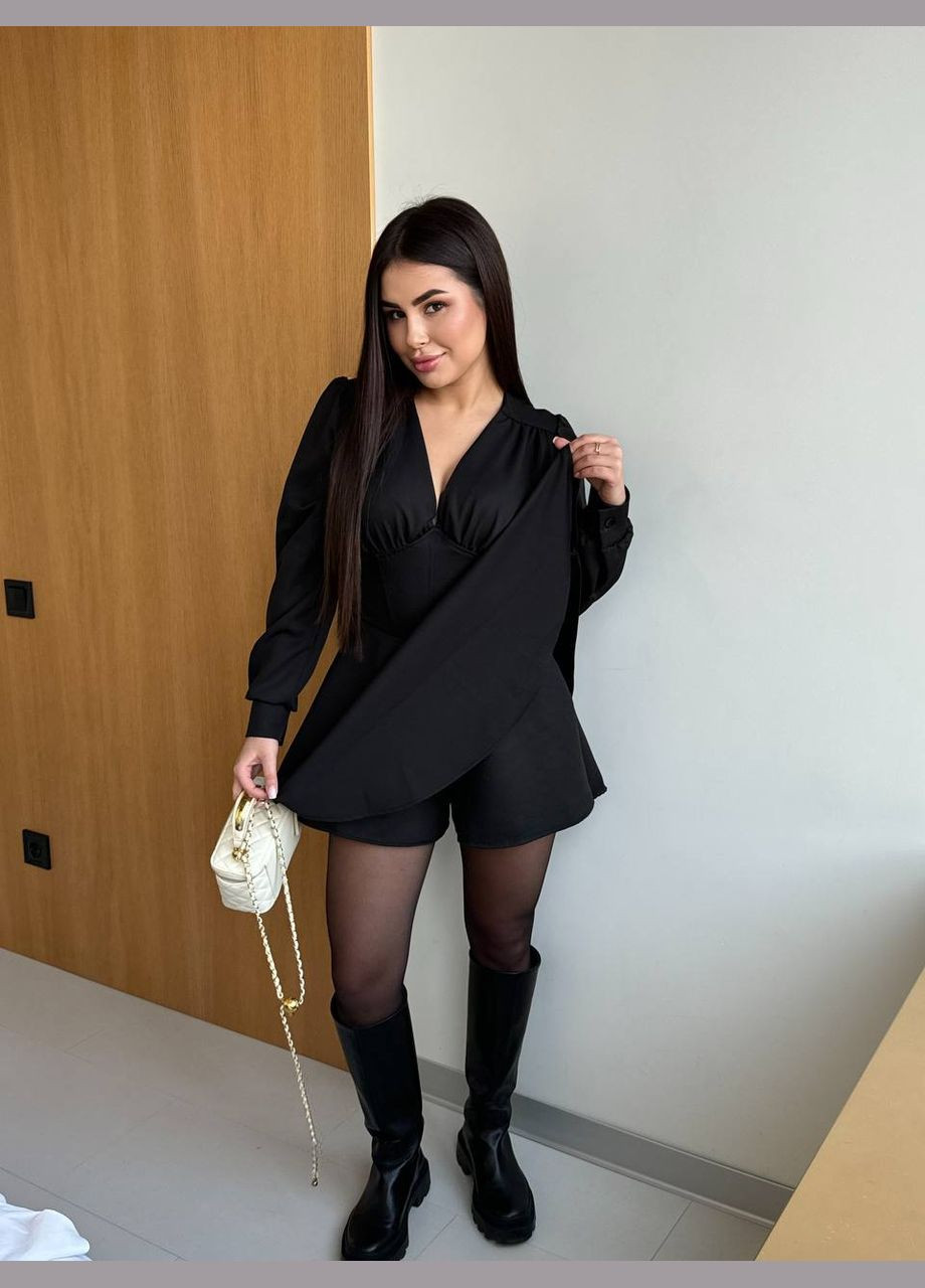 Черное платье-комбинезон с имитацией корсета в чёрном цвете No Brand однотонное