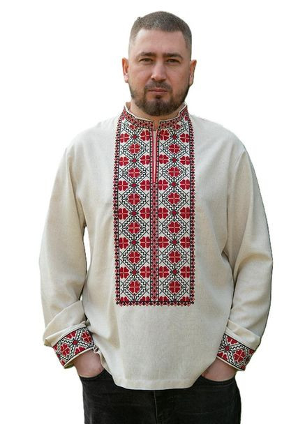 Светло-бежевая льняная мужская вышиванка украинские традиции Україна узор орнамент лен (334348458)