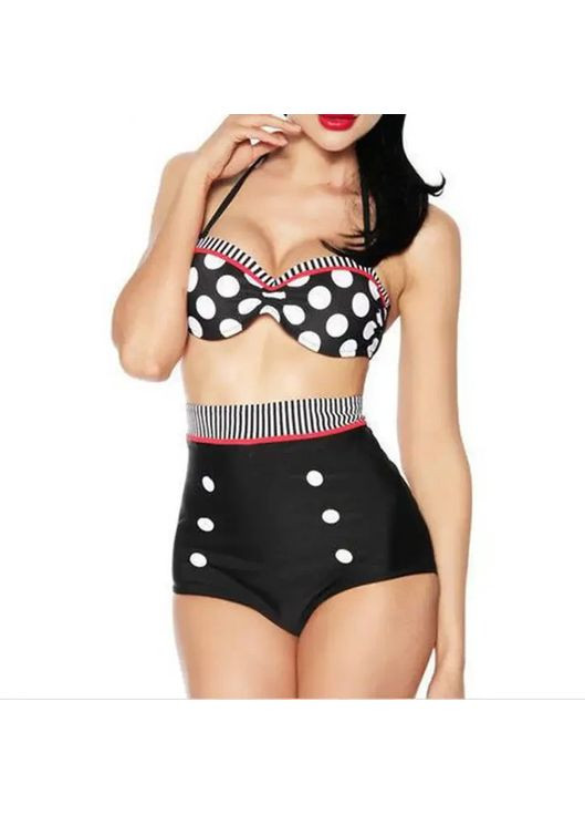Чорний літній роздільний купальник із завищеною талією в горошек. роздільний купальник із кісточками та пушапом. China