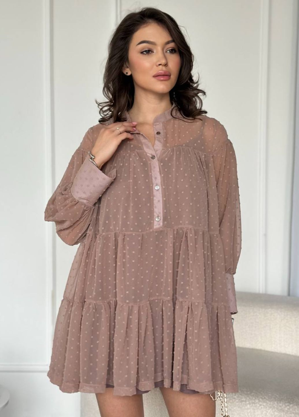 Кавова повсякденний сукня міні з двох частин: нижня сукня-майка та верхня об'ємна Tik-Tak однотонна