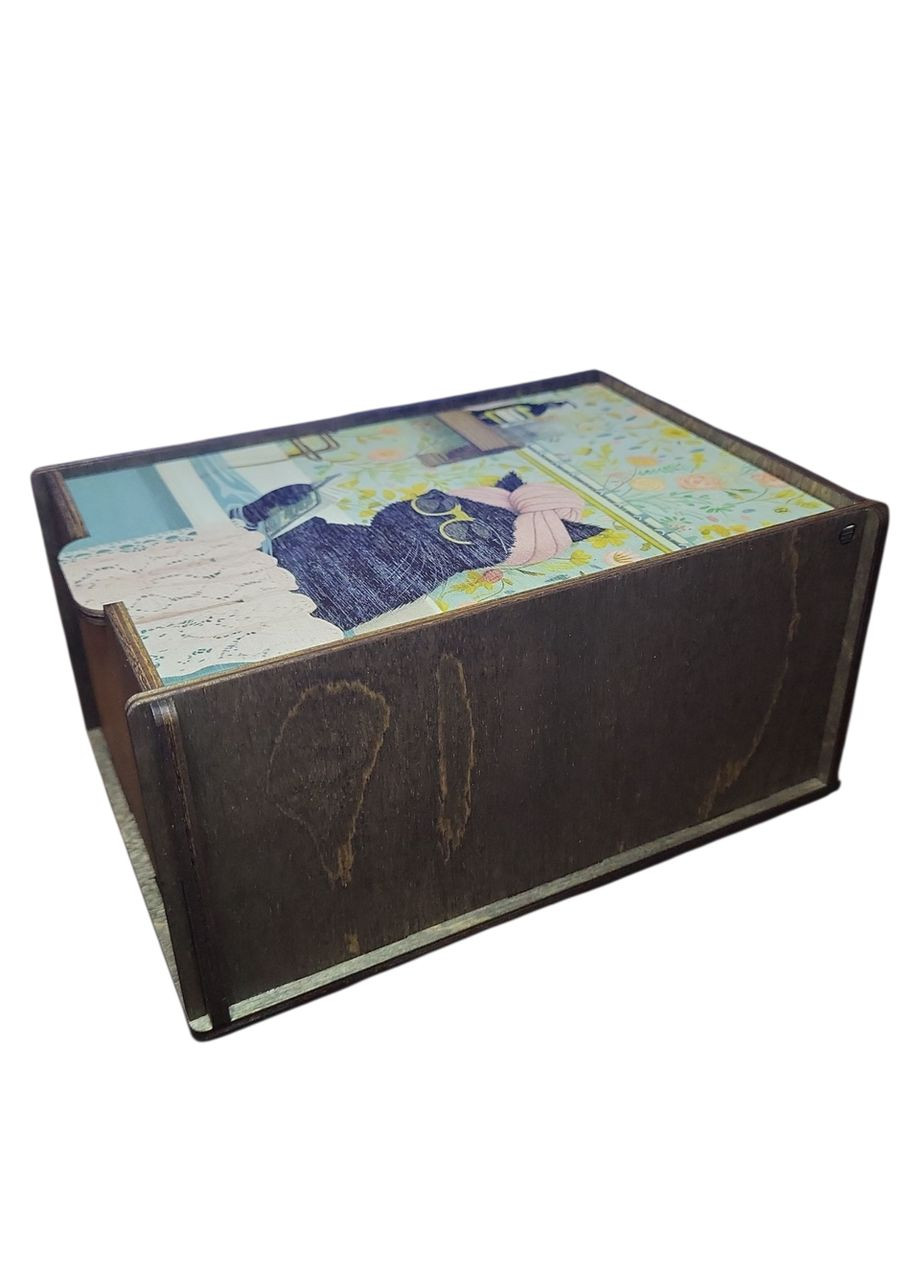 Коробочка дерев'яна для карток таро Чорний кіт у ванній коричнева 17х11,5х8 см No Brand (356117766)