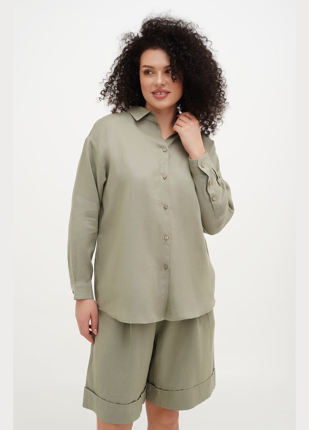 Хакі жіноча блуза-сорочка вишиванка з льону з квітковою вишивкою на спині на ґудзиках айстра., р., код 9441/52/101 ГАЛЕРЕЯ ЛЬОНУ