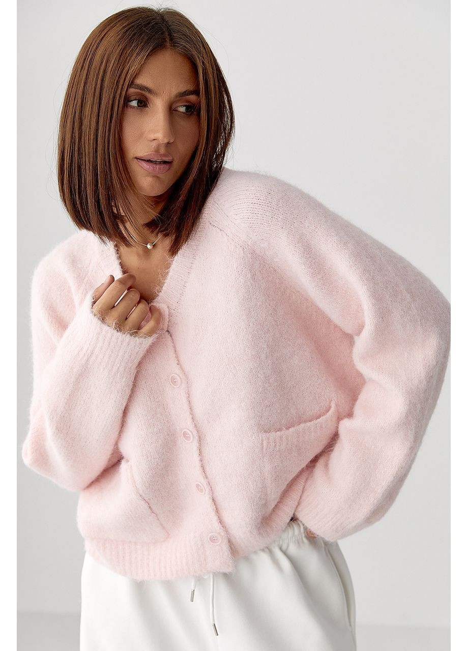 В'язаний теплий кардиган з кишенями - пудра колір Lurex (364967724)