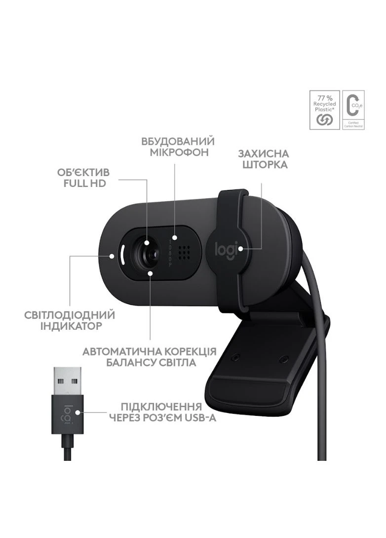 Веб-камера USB 1080p Дротова Чорна 1,5 м Logitech (386708847)