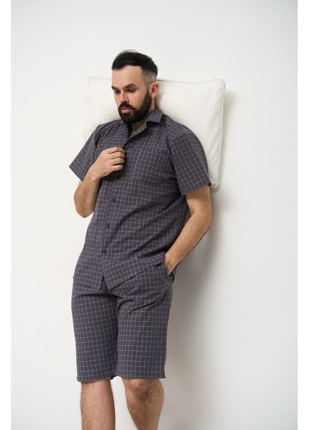 Пижама мужская в клетку вареный хлопок HOMELY SHORT с шортами графит Handy Wear (293275168)
