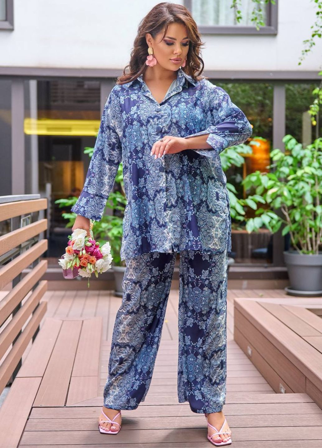 Изысканный легкий летний повседневный свободный костюм двойка с узором: рубашка + штаны Tik-Tak (340163909)