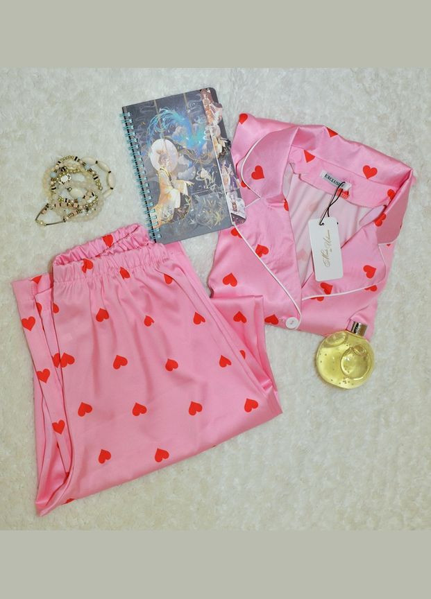 Рожева всесезон піжама-двійка (сорочка, штани) шовкова рожева серця 1225-01 рубашка + брюки Nika Li brand Hearts