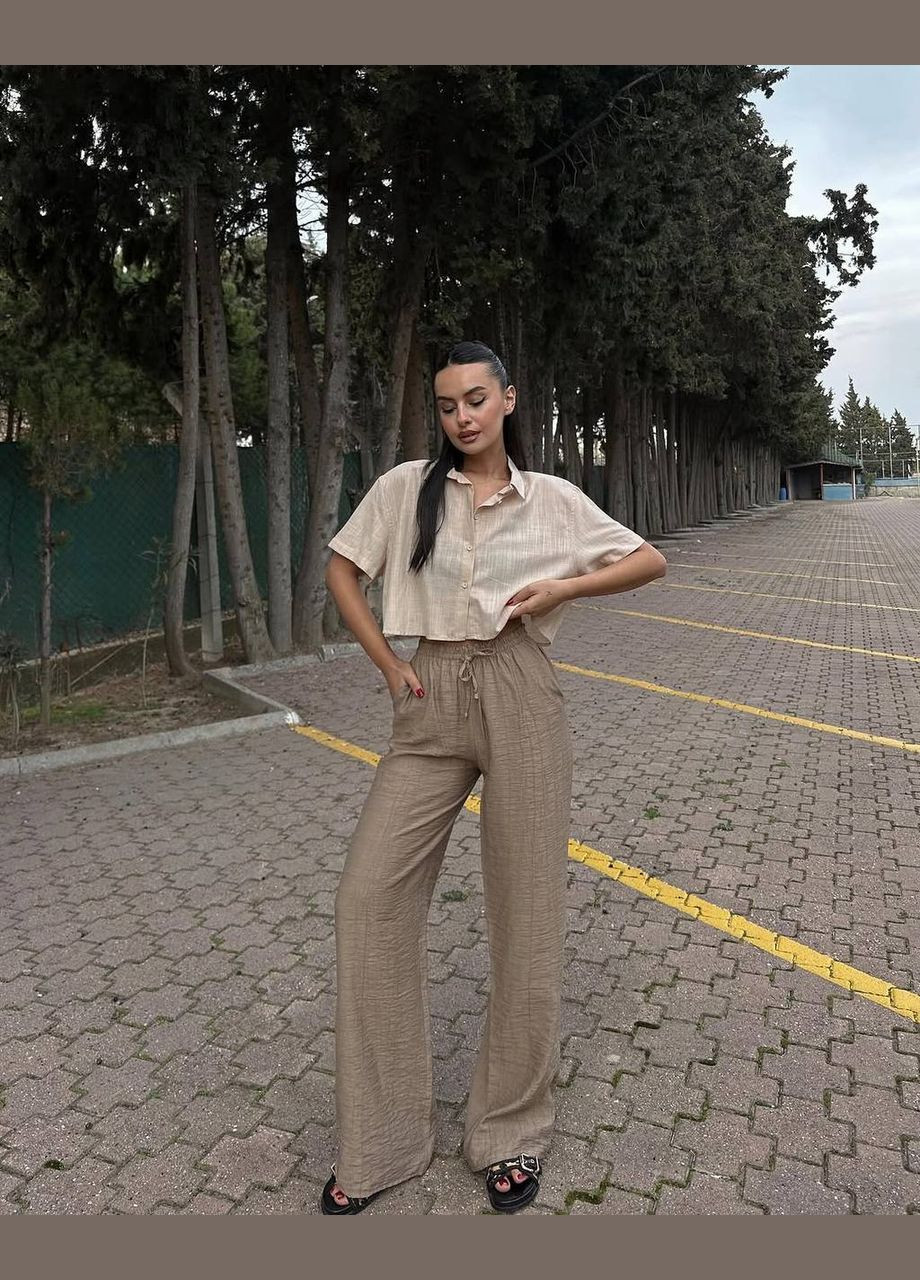 Женские летние льняные свободные брюки брюки палаццо коричневые бежевые черные лен жатка No Brand (327890517)