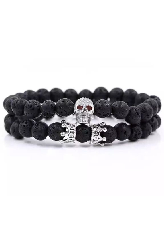 Комплект браслетів у лавовому камені з коронами та черепом срібного кольору (12003) Hemst (301070863)